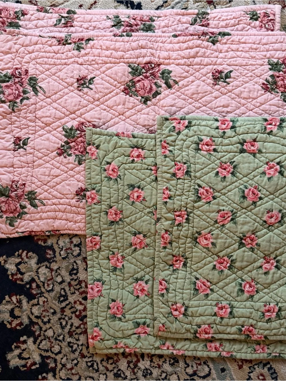 Set of 4 Two’s Company stitched floral cotton placemats pink green